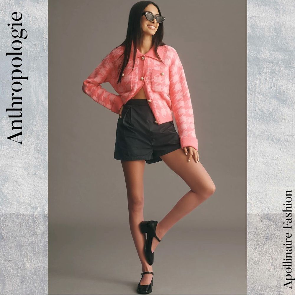 ENGLISH FACTORY FOR ANTHROPOLOGIE HOUNDSTOOTH CROPPED CARDI SWEATER IN PINK MED